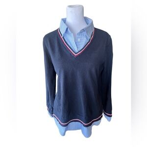 Tommy Hilfiger Navy V-Neck Sweater with Red and White Accents